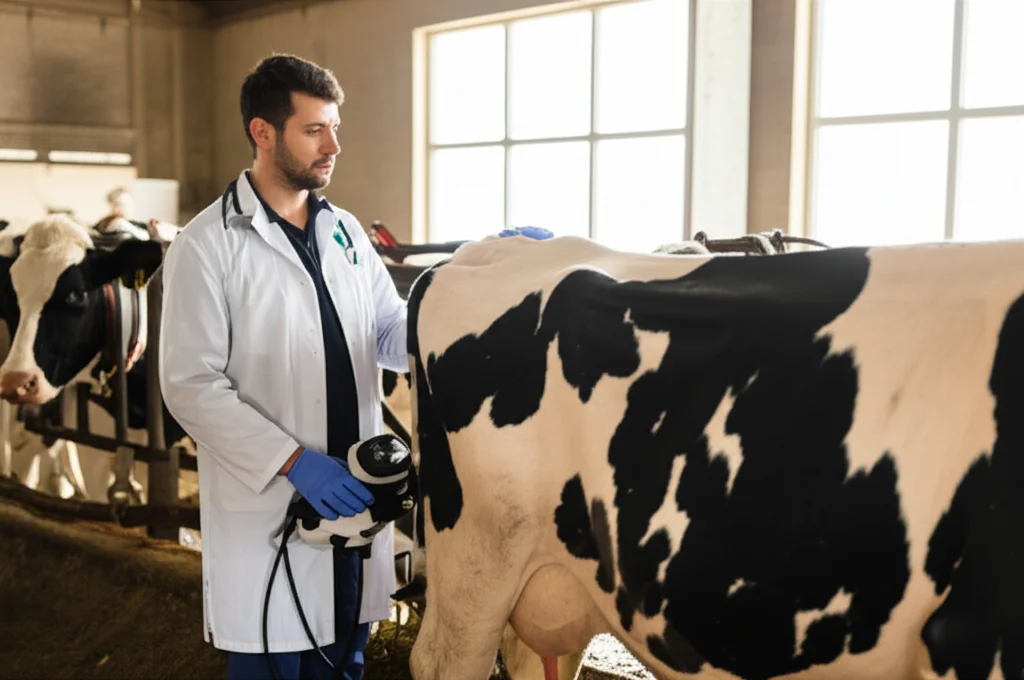 Immagine fotorealistica di un veterinario che esamina una bovina da latte con un ecografo portatile in una stalla moderna e ben illuminata. Obiettivo prime 35mm, profondità di campo per mettere a fuoco il veterinario e la macchina, luce naturale soffusa proveniente da una finestra della stalla, mettendo in risalto l'interazione tra uomo e animale nel contesto della cura veterinaria.