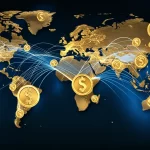 Immagine fotorealistica, obiettivo 35mm, che mostra una mappa stilizzata del mondo con focus sulle regioni emergenti (Africa Subsahariana, America Latina, Medio Oriente/Nord Africa), attraversata da linee luminose digitali blu che convergono verso simboli finanziari dorati (grafici, monete digitali), con una leggera profondità di campo per mettere a fuoco le connessioni digitali. Tonalità duotone blu e oro per rappresentare tecnologia e finanza.
