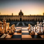 Immagine simbolica di un colpo di stato in Medio Oriente: una scacchiera con pezzi militari (carri armati, soldati) che rovesciano un pezzo del re, su uno sfondo sfocato di un palazzo governativo mediorientale al tramonto. Obiettivo 50mm, luce drammatica, profondità di campo ridotta per enfatizzare la scacchiera.