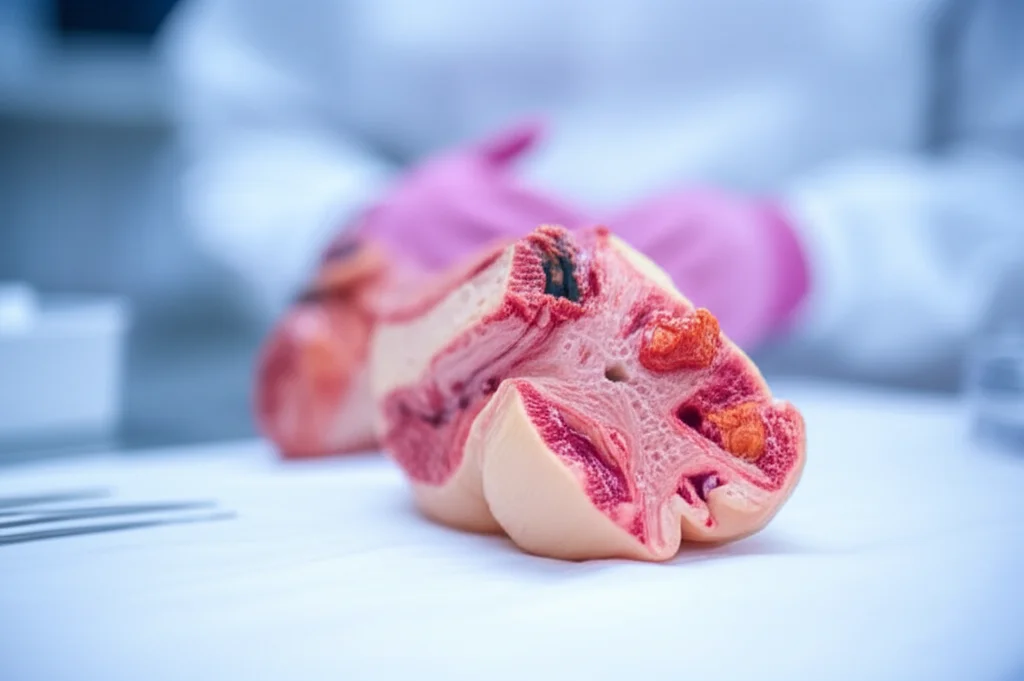 Lente primaria, 50 mm, profondità di campo, un modello anatomico dettagliato del retto umano e dei linfonodi circostanti, con nodi specifici evidenziati sottilmente, posizionati su un banco di ricerca medica moderna e moderna con illuminazione morbida e diffusa, suggerendo una concentrazione sulla comprensione della metastasi dei linfonodi nel carcinoma del retto.