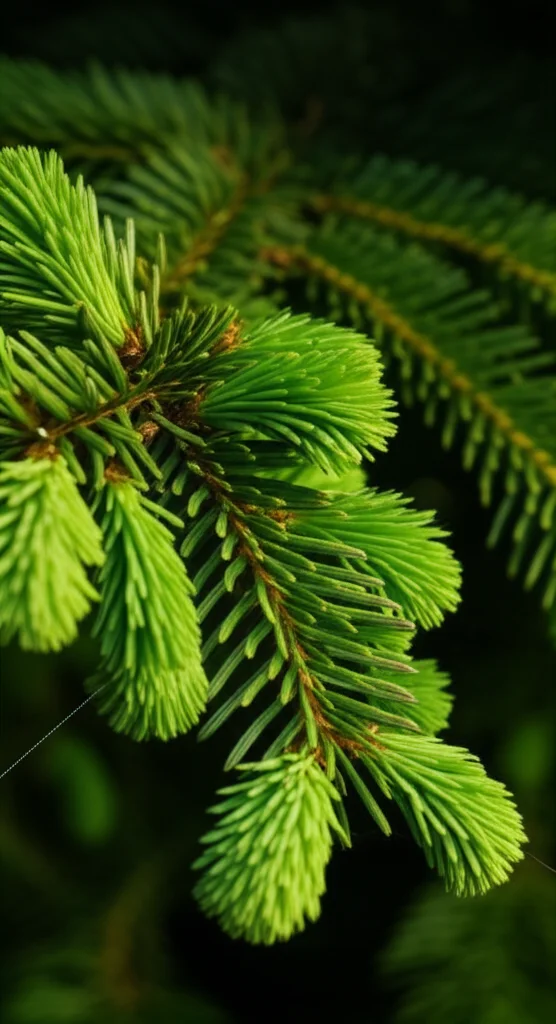 Photorealistic close-up of vibrant green Picea asperata spruce needles, macro lens, 60mm, high detail, precise focusing, controlled lighting.