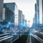 Photorealistic image of integrated sensing and communication network, wide-angle lens, 24mm, showing data flow and connected devices in a smart city environment.