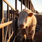 Primo piano di un bovino da carne di razza Charolaise in un moderno feedlot al tramonto, con mangiatoie visibili. Obiettivo prime 35mm, luce dorata, profondità di campo per mettere a fuoco il muso del bovino e sfocare leggermente lo sfondo.
