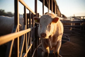 Primo piano di un bovino da carne di razza Charolaise in un moderno feedlot al tramonto, con mangiatoie visibili. Obiettivo prime 35mm, luce dorata, profondità di campo per mettere a fuoco il muso del bovino e sfocare leggermente lo sfondo.