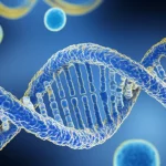 Rappresentazione artistica e dettagliata di frammenti di RNA (cfRNA) con picchi di segnale luminosi, indicativi di potenziale diagnostico, ripresa macro con focale 60mm e illuminazione controllata, duotone blu e oro per un effetto scientifico e speranzoso. Alcuni frammenti sono avvolti da proteine stilizzate o incapsulati in vescicole.
