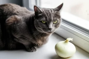 Un gatto soriano grigio guarda con sospetto una cipolla intera appoggiata su un bancone di cucina chiaro, luce naturale da una finestra laterale, obiettivo 50mm, profondità di campo media che mantiene a fuoco sia il gatto che la cipolla, creando un senso di potenziale pericolo.