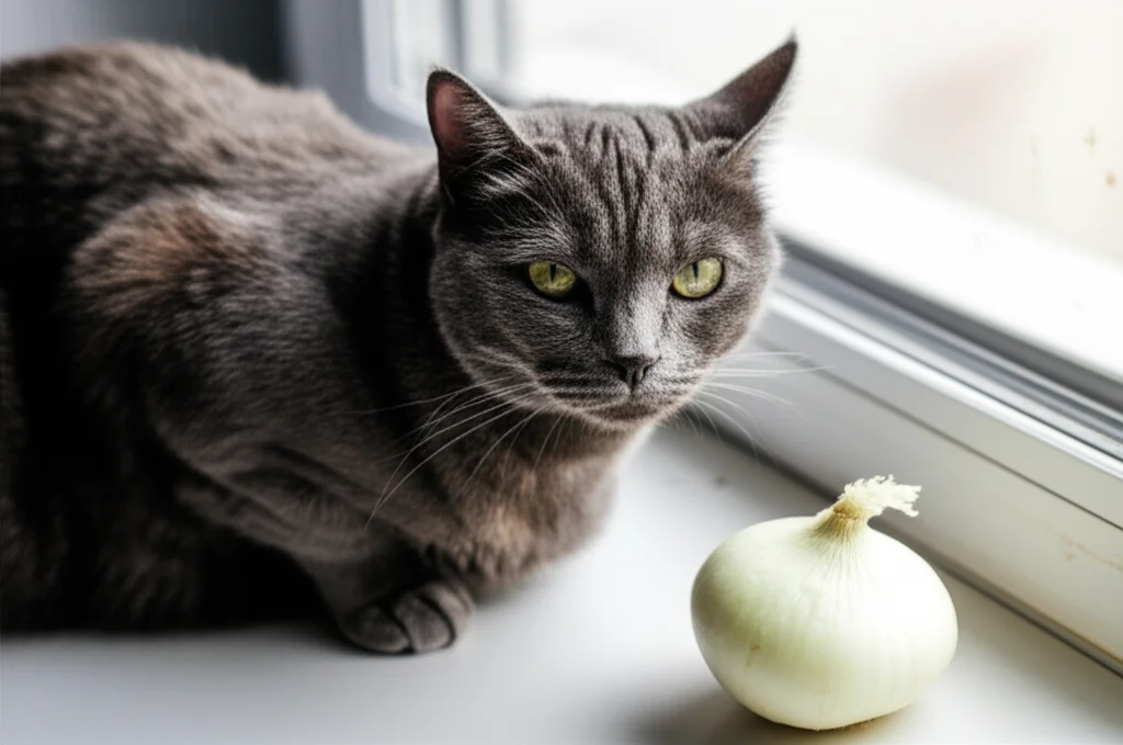 Un gatto soriano grigio guarda con sospetto una cipolla intera appoggiata su un bancone di cucina chiaro, luce naturale da una finestra laterale, obiettivo 50mm, profondità di campo media che mantiene a fuoco sia il gatto che la cipolla, creando un senso di potenziale pericolo.