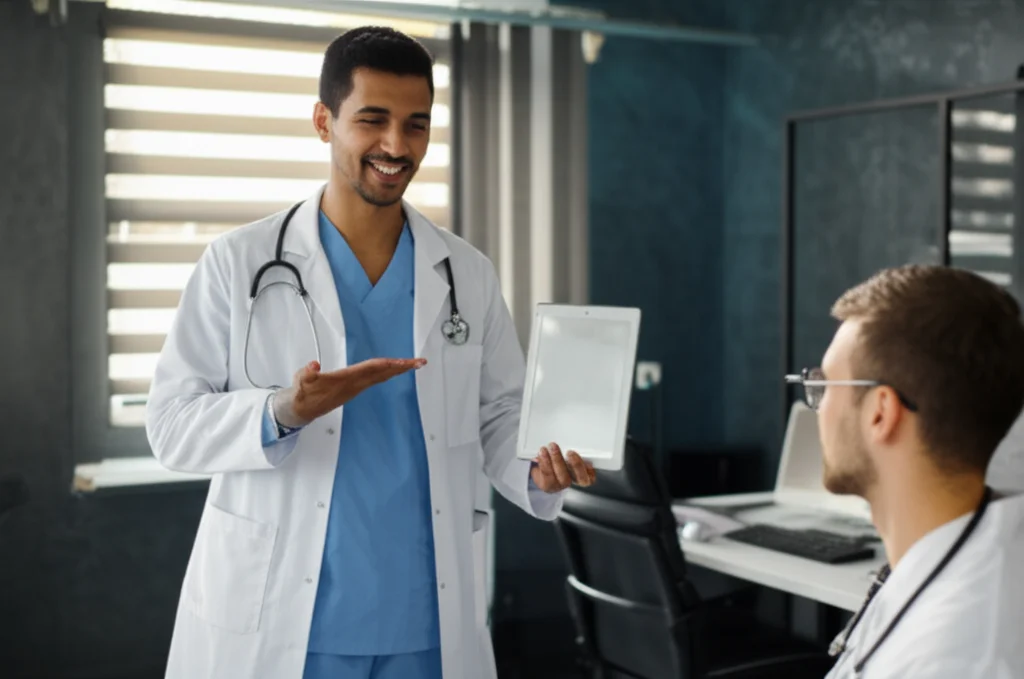 Un medico sorridente mostra a un paziente i risultati positivi di una terapia su un tablet, in un moderno studio medico. Obiettivo prime 35mm, luce naturale, atmosfera positiva e rassicurante, profondità di campo.