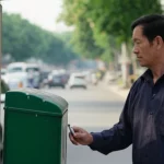 Un uomo vietnamita di mezza età che getta via una sigaretta elettronica in un cestino pubblico in una strada trafficata di Hanoi, espressione decisa e risoluta, luce del giorno intensa, obiettivo 50mm, profondità di campo media per mostrare sia l'azione che il contesto urbano.