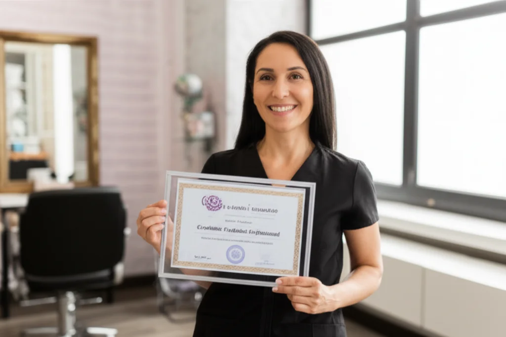 Una donna estetista sorridente e sicura di sé, sui 40 anni, mostra con orgoglio il suo certificato professionale incorniciato all'interno del suo elegante salone di bellezza. Fotografia ritratto, obiettivo 50mm prime, luce morbida da finestra, profondità di campo che sfoca leggermente lo sfondo del salone, espressione di competenza e soddisfazione.