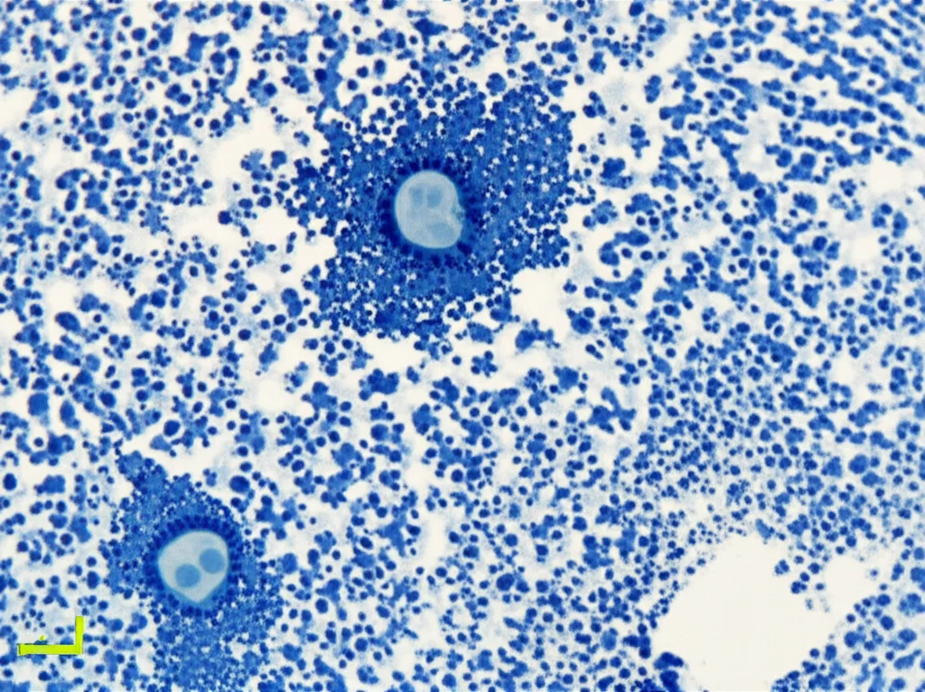 Vista al microscopio di cellule di glioblastoma in coltura che mostrano segni di senescenza indotta da terapia: cellule ingrandite, appiattite, alcune poliploidi. Macro lens, 60mm, high detail, precise focusing, controlled lighting.