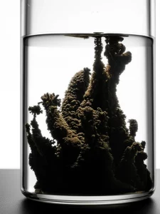 Vista drammatica di un 'chemical garden' di solfuro di ferro nero che cresce in un becher di laboratorio simulando le condizioni idrotermali della Terra primordiale. Obiettivo macro 90mm, illuminazione laterale controllata per enfatizzare la struttura e la texture dei precipitati minerali, alta definizione.
