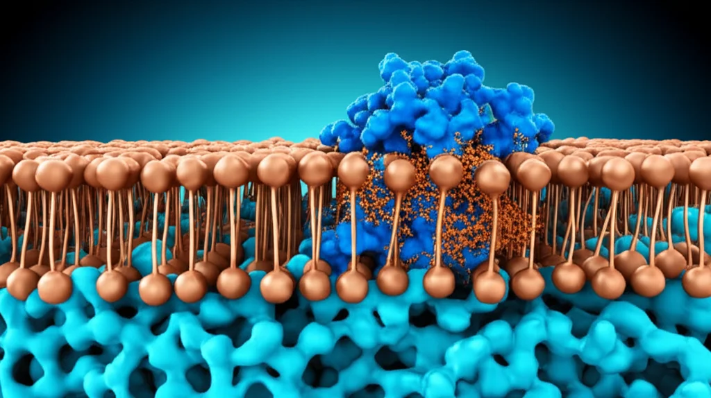Visualizzazione astratta e scientifica del trasporto del rame attraverso una membrana cellulare stilizzata, con la proteina ATP7B evidenziata. Colori dominanti blu e rame metallico, alta definizione, illuminazione drammatica che enfatizza la struttura proteica, stile fotorealistico.
