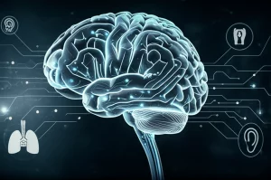 Visualizzazione concettuale di un cervello stilizzato con circuiti neurali luminosi che si collegano a simboli medici dell'otorinolaringoiatria, come un orecchio e una laringe, sospesi su uno sfondo tecnologico scuro. Prime lens, 35mm, depth of field, duotone blu e grigio per un look tecnologico e medico, alta definizione.