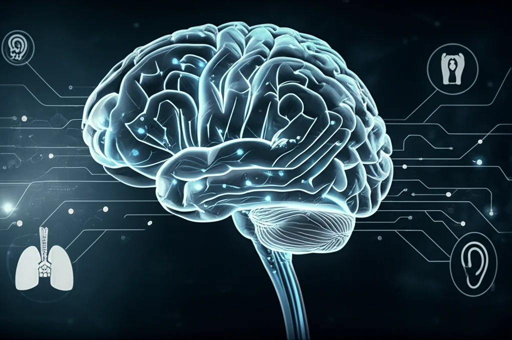Visualizzazione concettuale di un cervello stilizzato con circuiti neurali luminosi che si collegano a simboli medici dell'otorinolaringoiatria, come un orecchio e una laringe, sospesi su uno sfondo tecnologico scuro. Prime lens, 35mm, depth of field, duotone blu e grigio per un look tecnologico e medico, alta definizione.