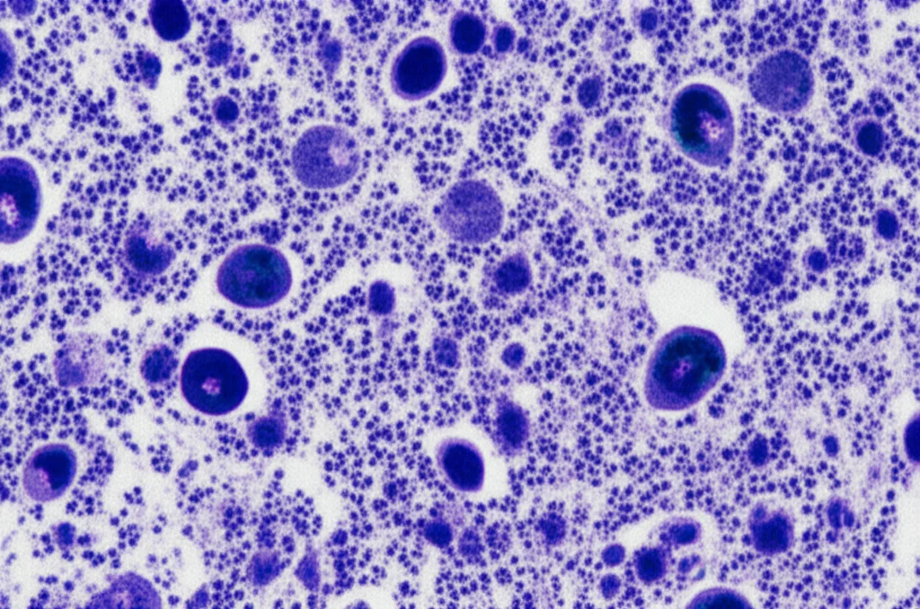 Visualizzazione microscopica di cellule polmonari infiammate, con colori vivaci che distinguono le diverse componenti cellulari, catturata con un obiettivo macro da 100mm per un'elevata dettaglio e una messa a fuoco precisa, sotto illuminazione da laboratorio controllata.