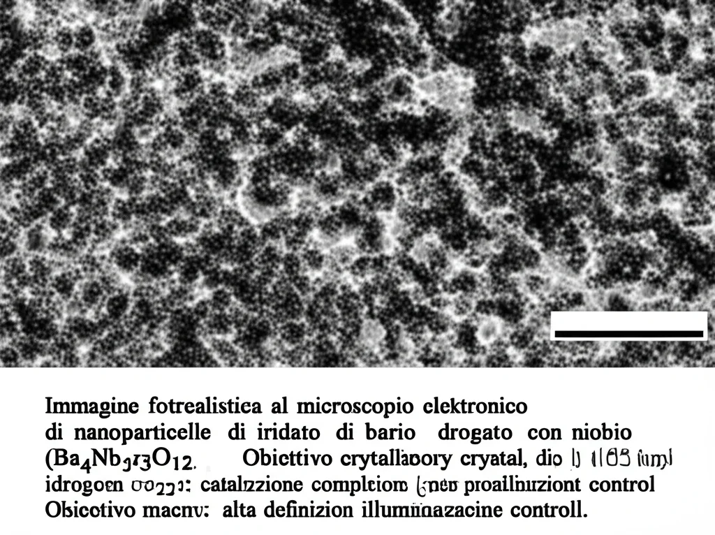 Immagine fotorealistica al microscopio elettronico di nanoparticelle di iridato di bario drogato con niobio (Ba4NbIr3O12), evidenziando la loro struttura cristallina complessa e potenziale come catalizzatore per la produzione di idrogeno verde. Obiettivo macro 105mm, alta definizione, illuminazione controllata.