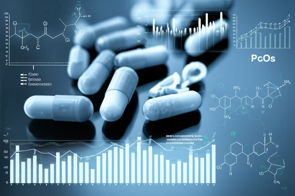 Immagine fotorealistica concettuale che mostra diverse capsule e compresse farmaceutiche per la PCOS disposte in modo ordinato, con grafici matematici e strutture molecolari stilizzate sovrapposte, a simboleggiare l'analisi QSPR e la classificazione dei farmaci. Lente macro 100mm, illuminazione controllata, alta definizione, sfondo neutro dai toni blu e grigio duotone.