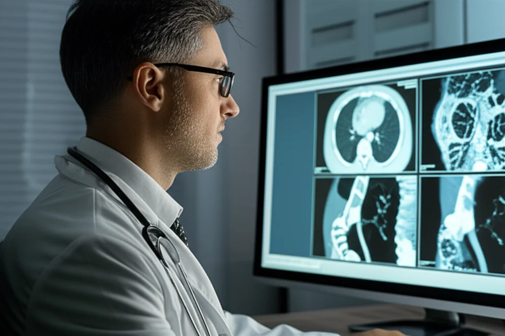 Immagine fotorealistica di un medico radiologo che analizza attentamente immagini TC dual-energy di un addome su un monitor ad alta risoluzione in una sala di refertazione scarsamente illuminata, effetto film noir, obiettivo da 35mm per un ritratto ambientale, con focus sul volto concentrato del medico e sullo schermo luminoso.