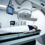 Photorealistic image showing a patient undergoing lung cancer radiotherapy with advanced equipment, emphasizing precision and technology, 35mm portrait lens effect, depth of field.