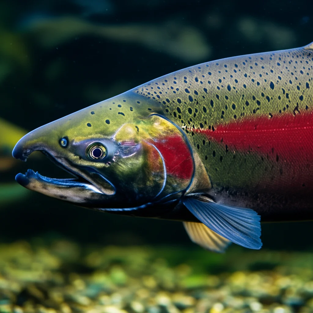 Un giovane salmone Chinook nuota in un ambiente acquatico illuminato da una luce soffusa che simboleggia il fotoperiodo. Dettagli come le scaglie del pesce e le bollicine d'acqua sono resi con alta precisione. Obiettivo macro 85mm, illuminazione controllata per enfatizzare la texture del salmone e l'ambiente acquatico.