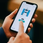 Una persona che interagisce con un chatbot bancario su uno smartphone, simboleggiando l'adozione tecnologica nel settore finanziario. Prime lens, 35mm, depth of field, colori caldi e accoglienti.