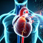 Un'immagine concettuale che mostra un cuore umano digitale con arterie coronarie evidenziate, analizzato da un'intelligenza artificiale rappresentata da circuiti luminosi e codici binari. Illuminazione drammatica, obiettivo macro 60mm, alta definizione, per simboleggiare l'avanzamento tecnologico nella diagnosi cardiaca.