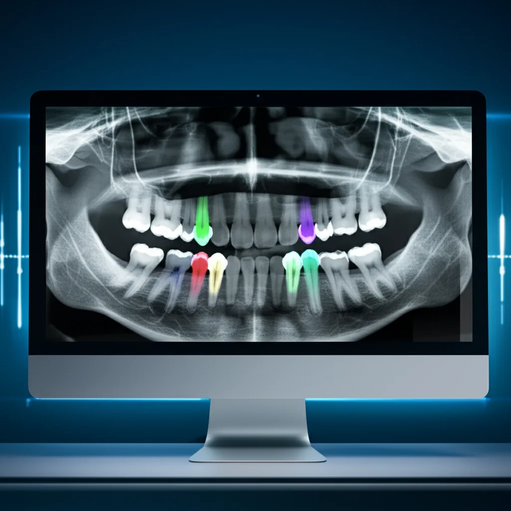 Visualizzazione 3D altamente dettagliata di una mascella umana con denti, ottenuta da una scansione CBCT, su uno schermo di computer futuristico. Un software di intelligenza artificiale sta evidenziando automaticamente le radici dei denti con colori brillanti. Illuminazione da studio high-tech, focus preciso sulle radici evidenziate. Lente macro 90mm.