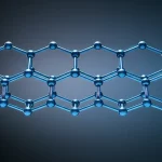 Visualizzazione 3D fotorealistica di una catena di carbino, atomi di carbonio sp-ibridizzati che formano una linea perfetta, sospesa in uno spazio scuro con sottili effetti di luce bluastra che ne evidenziano la struttura unidimensionale e i legami alternati. Macro lens, 100mm, high detail, precise focusing, controlled lighting, duotone blu e grigio.