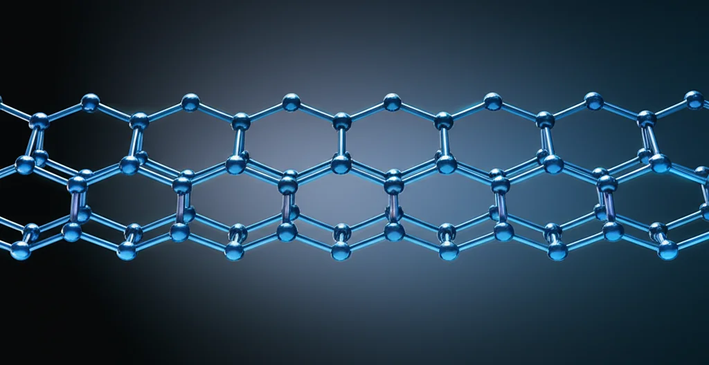 Visualizzazione 3D fotorealistica di una catena di carbino, atomi di carbonio sp-ibridizzati che formano una linea perfetta, sospesa in uno spazio scuro con sottili effetti di luce bluastra che ne evidenziano la struttura unidimensionale e i legami alternati. Macro lens, 100mm, high detail, precise focusing, controlled lighting, duotone blu e grigio.