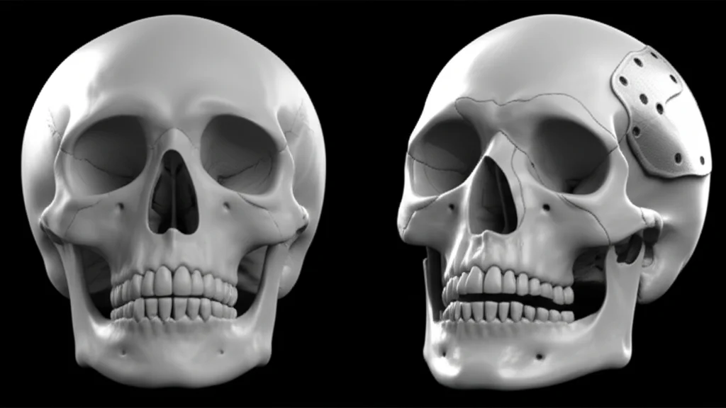 A photorealistic image contrasting two 3D medical models of a human skull: one with a large defect on the side, the other fully reconstructed with a cranioplasty plate. Macro lens, 100mm, high detail, controlled lighting.