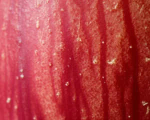 Fotografia macro di una sezione trasversale di mela rossa resa trasparente con tecnica di 'optical clearing', obiettivo macro 105mm, alta definizione, illuminazione laterale controllata che evidenzia strutture fungine bluastre (Botryosphaeria dothidea) appena sotto la buccia, messa a fuoco precisa sulle cellule vegetali traslucide e sulla struttura della buccia.