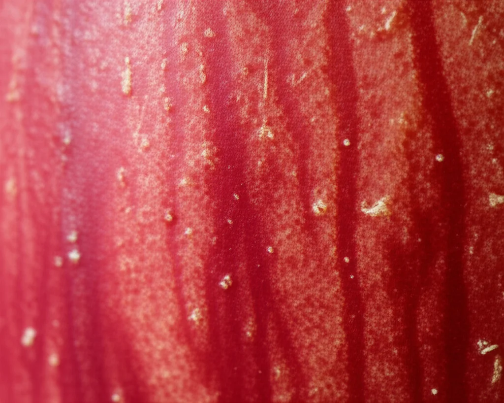 Fotografia macro di una sezione trasversale di mela rossa resa trasparente con tecnica di 'optical clearing', obiettivo macro 105mm, alta definizione, illuminazione laterale controllata che evidenzia strutture fungine bluastre (Botryosphaeria dothidea) appena sotto la buccia, messa a fuoco precisa sulle cellule vegetali traslucide e sulla struttura della buccia.