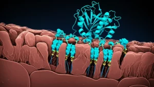 Immagine concettuale astratta che rappresenta la proteina PCSK9 (struttura molecolare stilizzata) che interagisce con la E-caderina sulla superficie di una cellula tumorale tiroidea anaplastica, con un effetto visivo di 'degradazione' della E-caderina. Obiettivo macro 90mm, illuminazione drammatica laterale per creare contrasto, high detail sulle strutture proteiche, sfondo scuro per enfatizzare il soggetto.