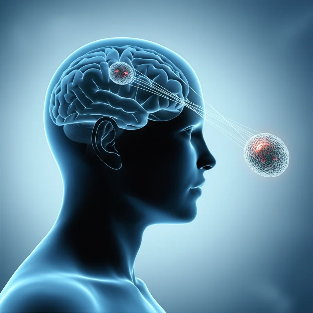 Immagine concettuale che illustra la correlazione tra il cervello umano stilizzato (simbolo della depressione e della salute mentale), la milza ingrandita e le cellule immunitarie MICB, obiettivo da 35mm, con un effetto duotone blu scuro e grigio chiaro per un'atmosfera introspettiva e scientifica, profondità di campo per mettere a fuoco la connessione.