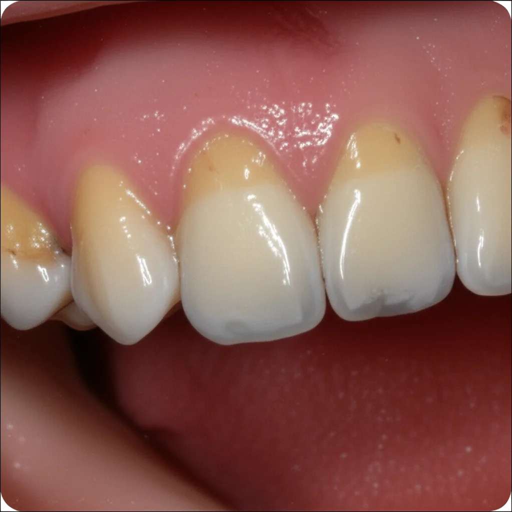 Immagine macro fotorealistica di una radiografia dentale periapicale di un molare mandibolare, che mostra i dettagli delle otturazioni dei canali radicolari. Illuminazione da light box, alta definizione. Obiettivo macro 90mm.