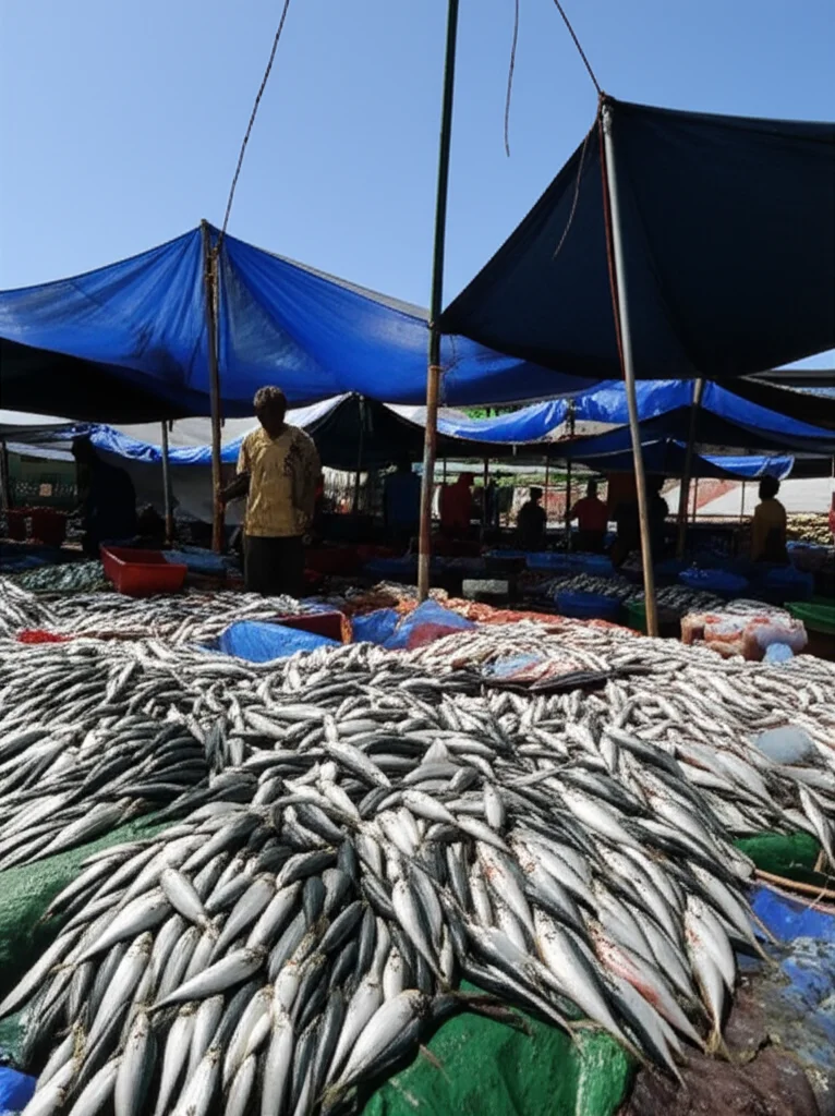 Lente grandangolare, 20 mm, vivace scena del mercato dei pesci a Cumilla, Bangladesh, venditori che interagiscono con clienti, pile di pesce fresco in mostra sotto sole da tende da sole, focus acuti, colori vivaci in contrasto con i toni terrestri del mercato, la luce mattutina naturale che lancia alcune ombre.