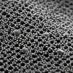 Primo piano di un elettrocatalizzatore innovativo a base di biochar da gusci di nocciola con nanoparticelle di molibdeno e cobalto visibili sulla sua superficie porosa, macro lens 90mm, illuminazione laterale per esaltare la tridimensionalità e la texture, alta definizione, sfondo sfocato di un laboratorio.