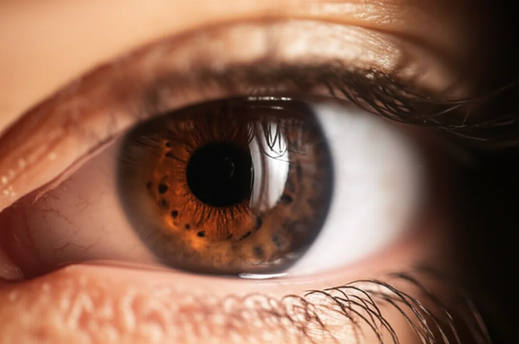 Primo piano di un occhio umano affetto da sindrome di Sjögren, con segni visibili di secchezza e infiammazione sulla congiuntiva e sulla cornea. Luce laterale per accentuare la texture della superficie oculare, lente macro 105mm, alta definizione, profondità di campo ridotta per isolare l'occhio e suggerire la complessità della condizione.