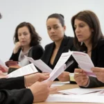 Un gruppo diversificato di persone svedesi, uomini e donne di età compresa tra i 30 e i 60 anni, seduti attorno a un tavolo, discutono animatamente tenendo in mano opuscoli informativi sulla prevenzione del cancro. Alcuni appaiono pensierosi, altri più coinvolti. L'immagine è scattata con un obiettivo da 35mm, con profondità di campo e illuminazione naturale interna, per trasmettere un senso di urgenza e riflessione sulla consapevolezza sanitaria.