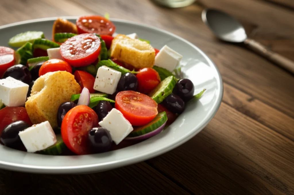 Un piatto abbondante e colorato di insalata mediterranea con pomodori freschi, cetrioli croccanti, olive nere, cubetti di formaggio feta e un generoso filo d'olio extravergine d'oliva, il tutto presentato su un tavolo di legno rustico. Macro lens, 100mm, high detail, precise focusing, controlled lighting, luce solare laterale che esalta i colori vividi degli ingredienti.