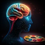 Una composizione artistica che simboleggia la connessione tra arte e benessere mentale: una tavolozza di colori vivaci accanto a un cervello stilizzato e luminoso, con un leggero effetto 'depth of field'. Macro lens, 85mm, high detail, controlled lighting per esaltare i colori.