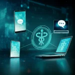 Un'immagine concettuale che rappresenta una piattaforma digitale multi-componente per l'autogestione del Long COVID. Si vedono icone stilizzate di uno smartphone, un laptop e un fumetto di chat (per il CRM) interconnesse, con un simbolo medico o di salute al centro. Sfondo astratto tecnologico con tonalità blu e verdi. Obiettivo prime, 50mm, illuminazione da studio, high detail, messa a fuoco precisa sulle icone.