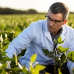 A photorealistic image of a scientist examining a soybean plant in a field, telephoto zoom lens, 100mm, depth of field, late afternoon light.