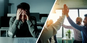 A split image showing two scenes: one side depicts a person looking stressed and isolated in an office setting (representing guilt/avoidance), the other side shows a group of colleagues laughing and high-fiving (representing belonging/cooperation). 35mm portrait and wide-angle lens used respectively, photorealistic.