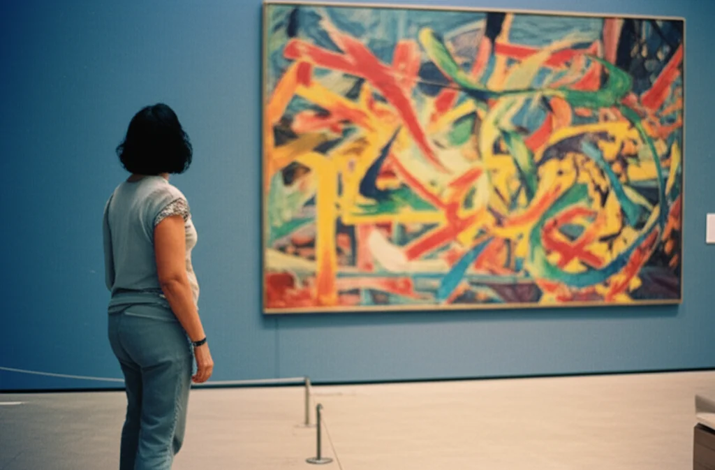 A visitor stands in a bright, modern museum gallery, looking at a large abstract painting. A subtle, dark wristband is visible on their left arm. 35mm portrait, depth of field, vibrant colors.