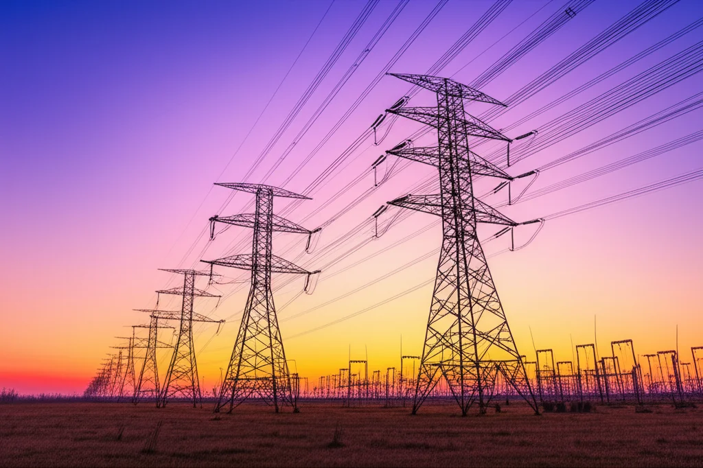 Foto ad ampio raggio di una linea di trasmissione HVDC che attraversa un paesaggio vasto, al tramonto, con i tralicci che si stagliano contro il cielo colorato, obiettivo grandangolare 10-24mm, lunga esposizione per cogliere la luce.