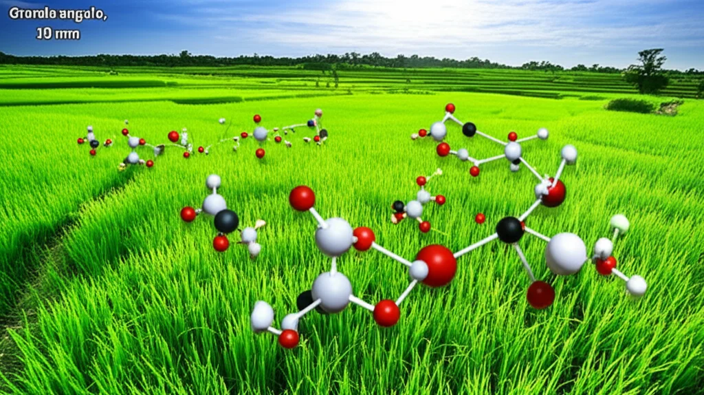 Grande angolo, 10 mm, paesaggio di un lussureggiante campo di risaia verde sotto un chiaro cielo blu, passando in un'immagine concettuale di molecole di biocarburanti, che simboleggia la trasformazione dei rifiuti agricoli in energia rinnovabile, focus acuto, colori vibranti.