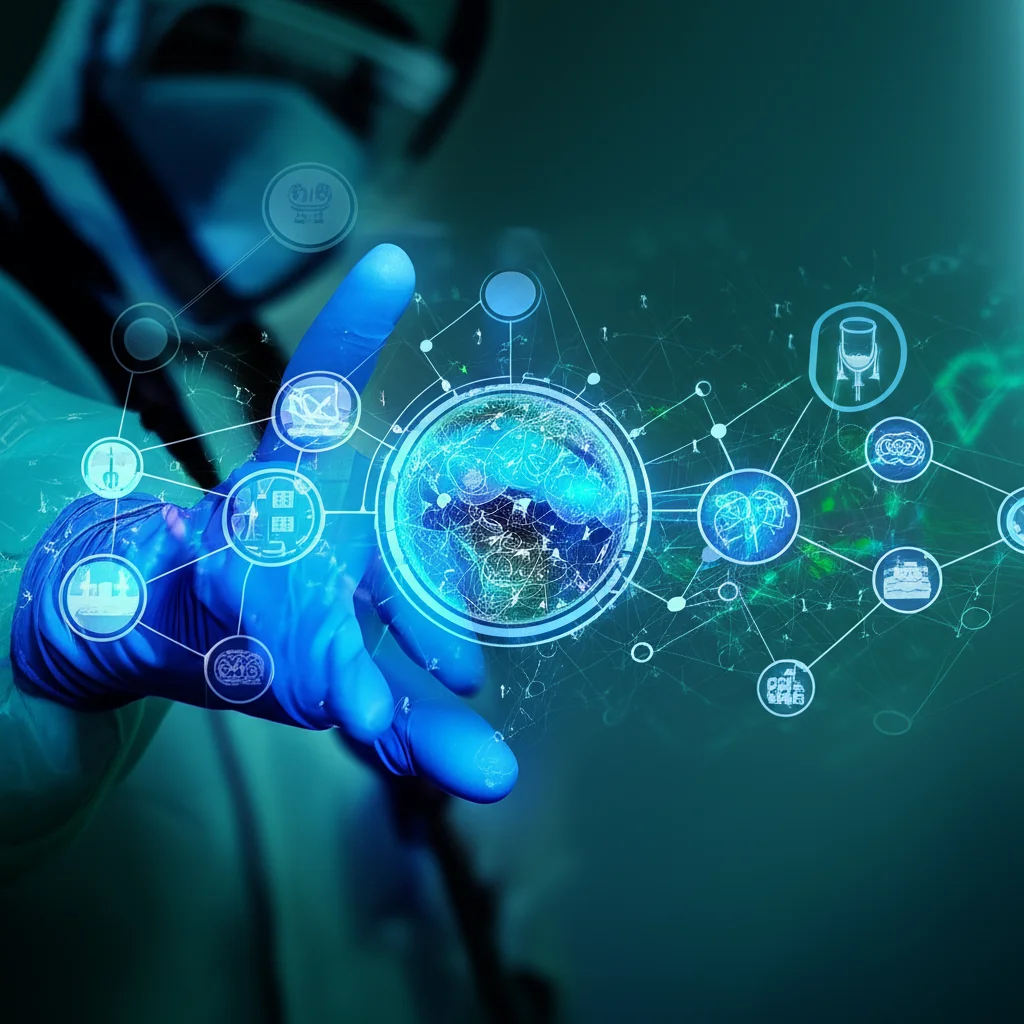 Immagine concettuale di un sistema di sorveglianza sanitaria efficiente: una rete di dati stilizzata collega campioni di test a risultati digitali, simboleggiando la rapidità e l'efficacia del monitoraggio delle infezioni respiratorie. Obiettivo macro, 85mm, illuminazione controllata, alta definizione, colori blu e verde per trasmettere fiducia e tecnologia.