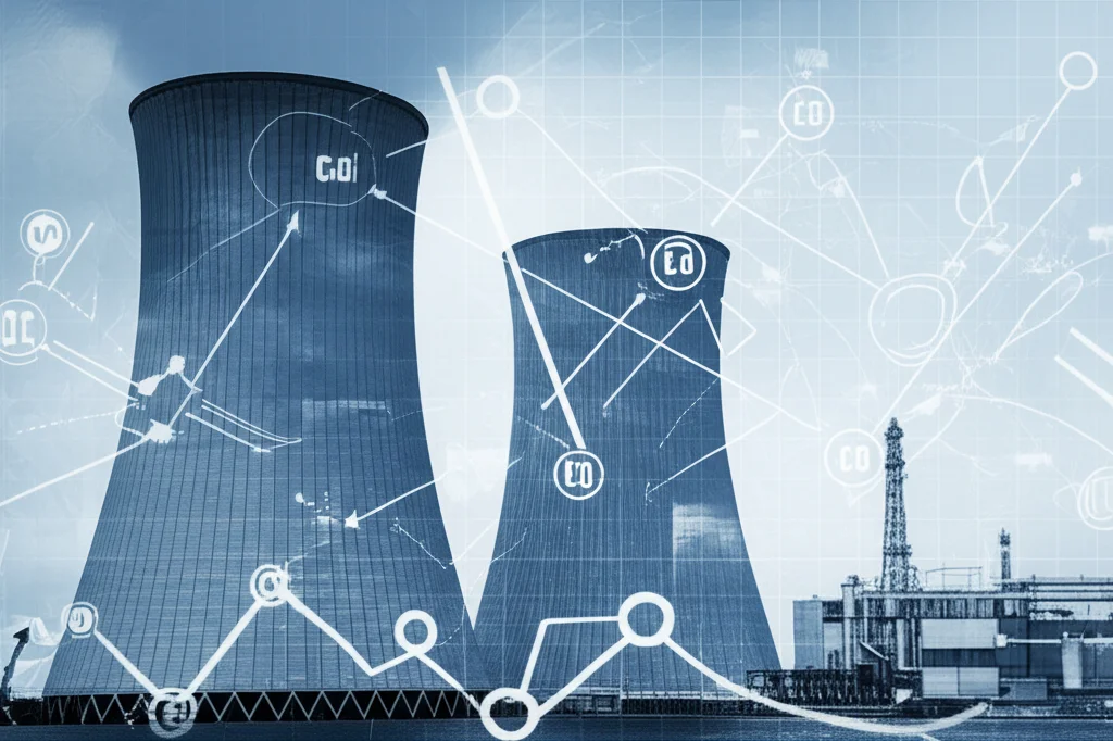 Immagine concettuale di una centrale nucleare stilizzata con simboli di atomi e grafici di ricerca scientifica sovrapposti, fotografia con obiettivo prime da 35mm, duotone blu e grigio, che rappresenta l'intersezione tra energia nucleare e studio epidemiologico sull'incidenza dei tumori.